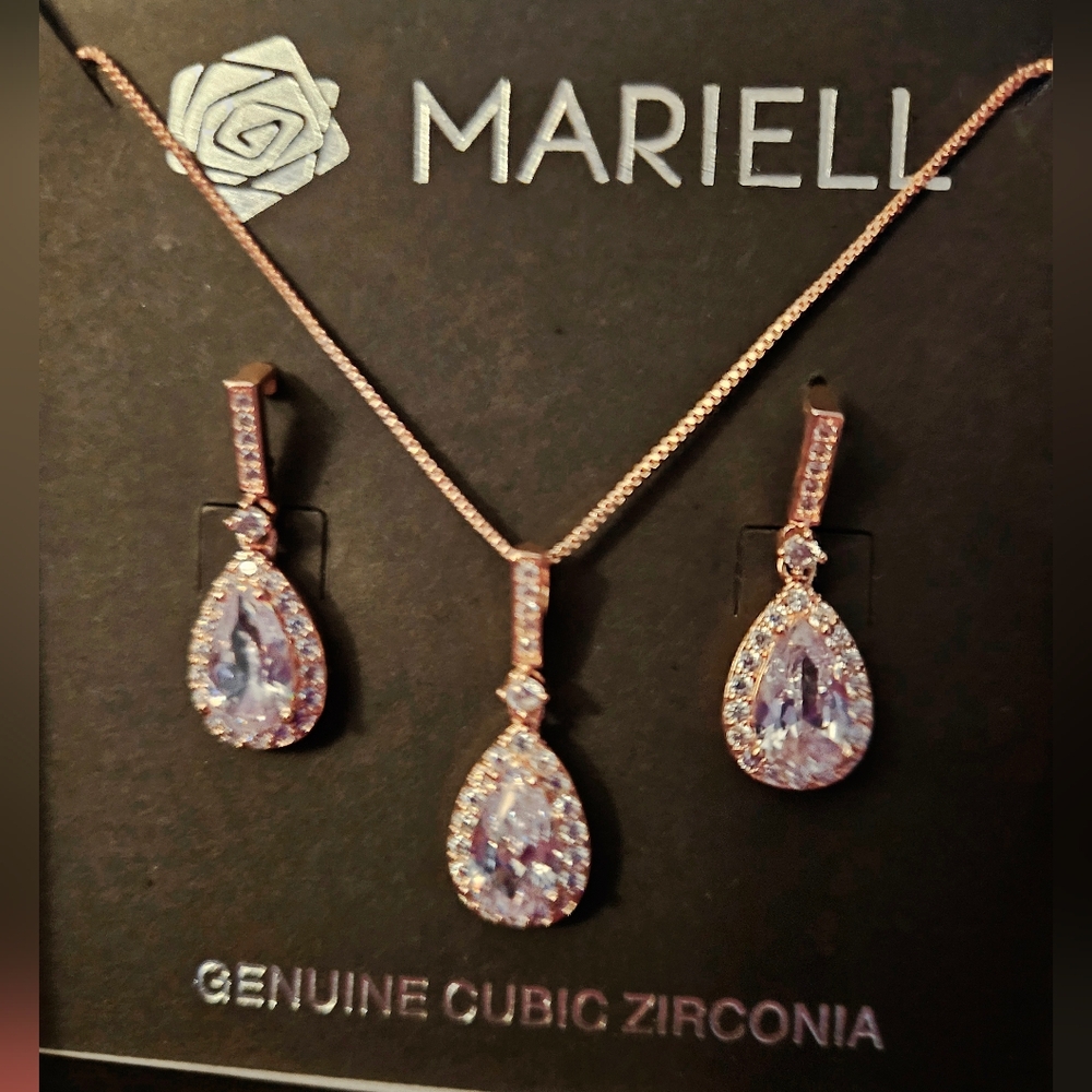 NWT Mariell Genuine CZ 14kt RGP Earrings+Necklace Set - Picture 5 of 8